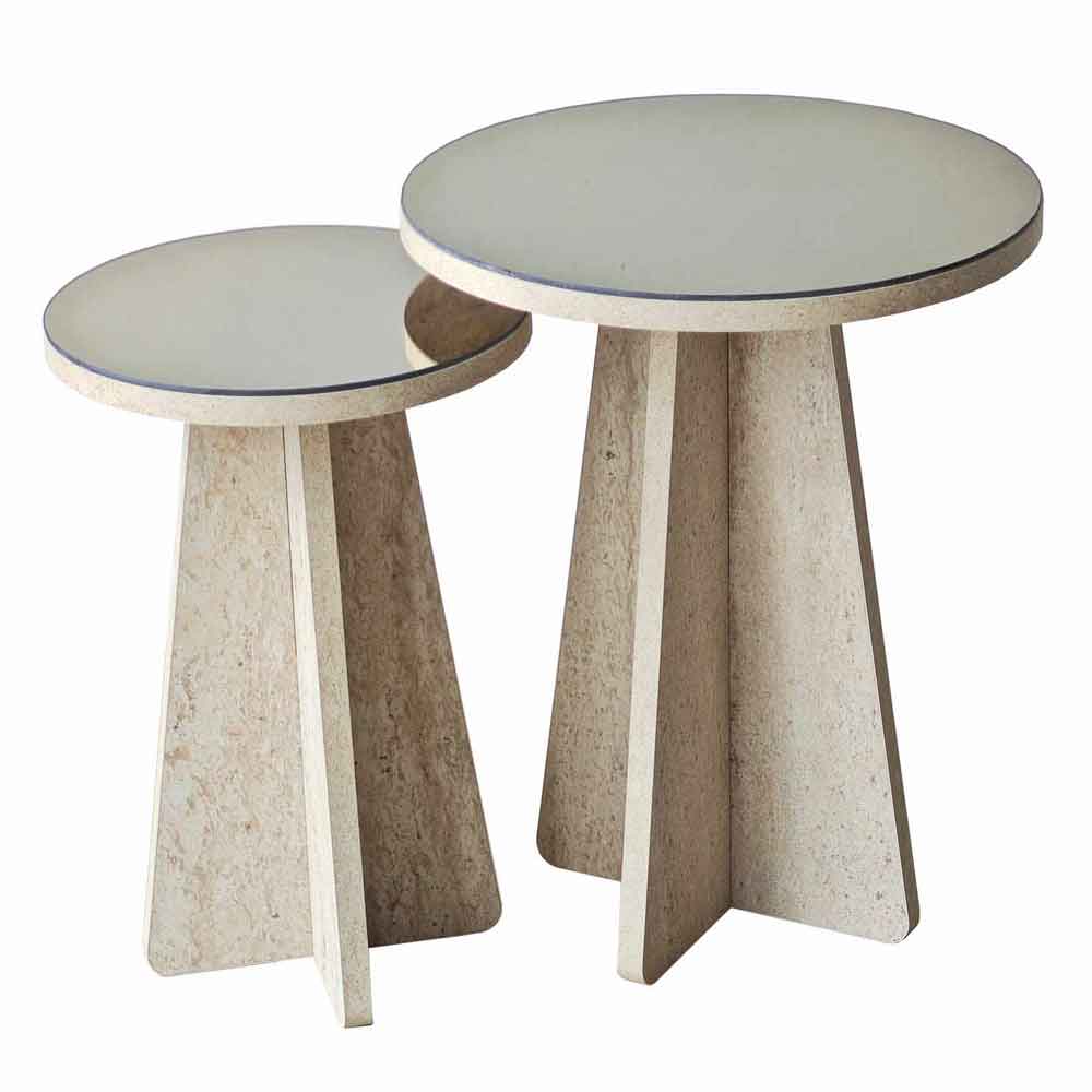 Luna Round Wooden Nest of 2 Side Tables in Travertine Marble Effect
