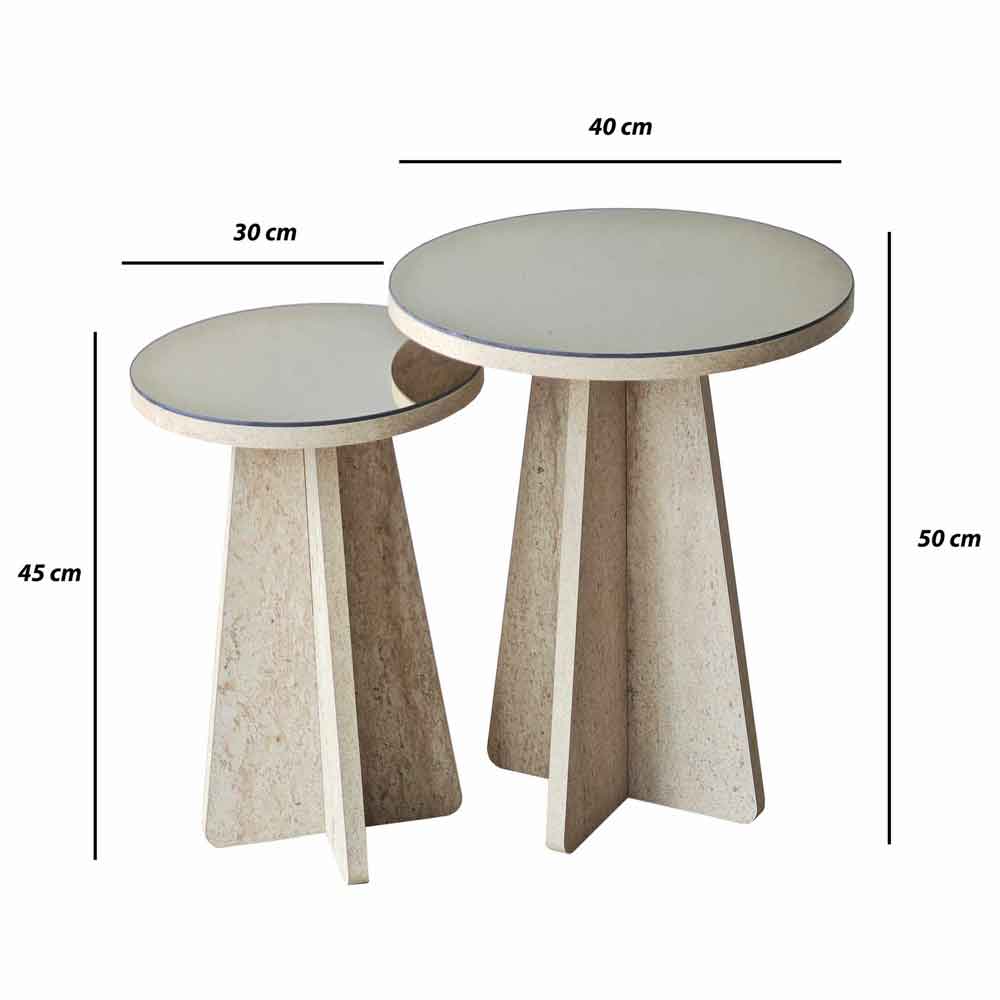 Luna Round Wooden Nest of 2 Side Tables in Travertine Marble Effect