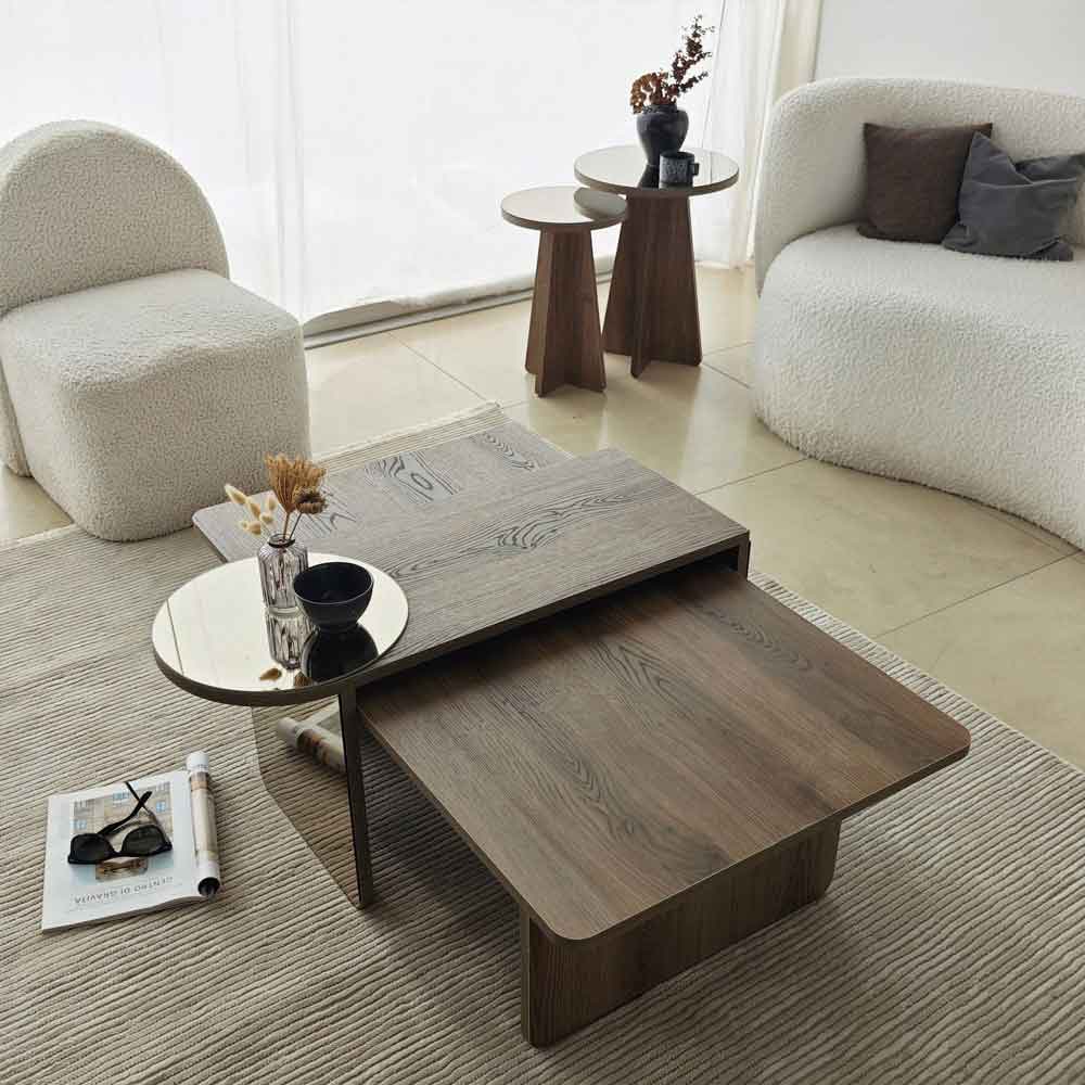 Luna Wooden Nest of 4 Tables Set in Bronze and Walnut
