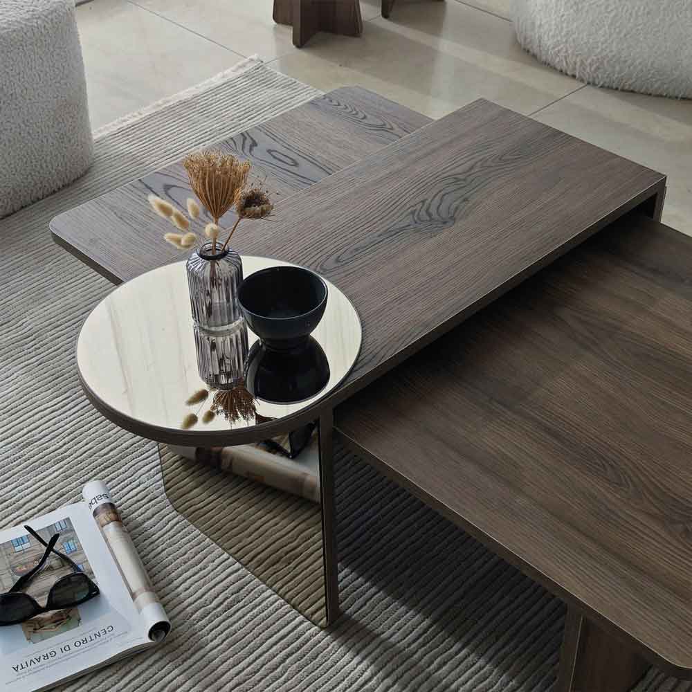 Luna Wooden Nest of 4 Tables Set in Bronze and Walnut