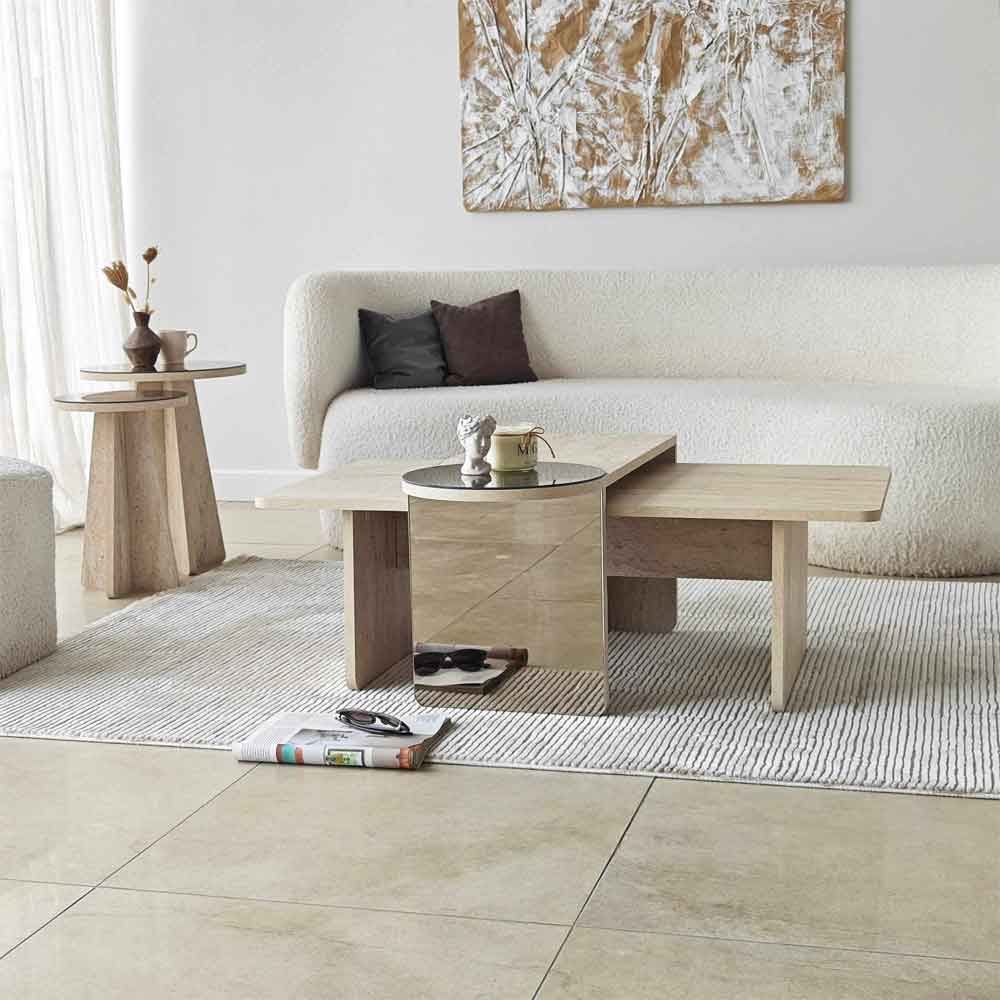 Luna Wooden Nest of 4 Tables Set in Travertine Marble Effect