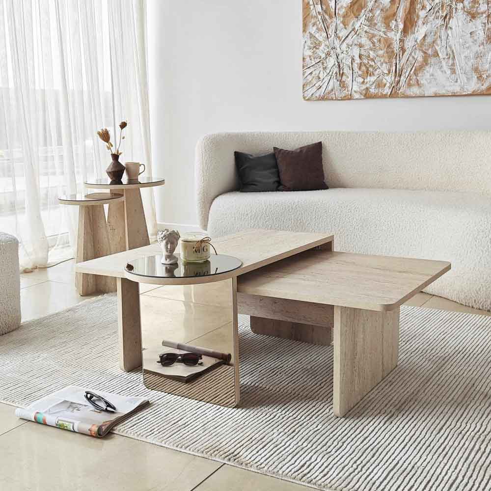 Luna Wooden Nest of 4 Tables Set in Travertine Marble Effect