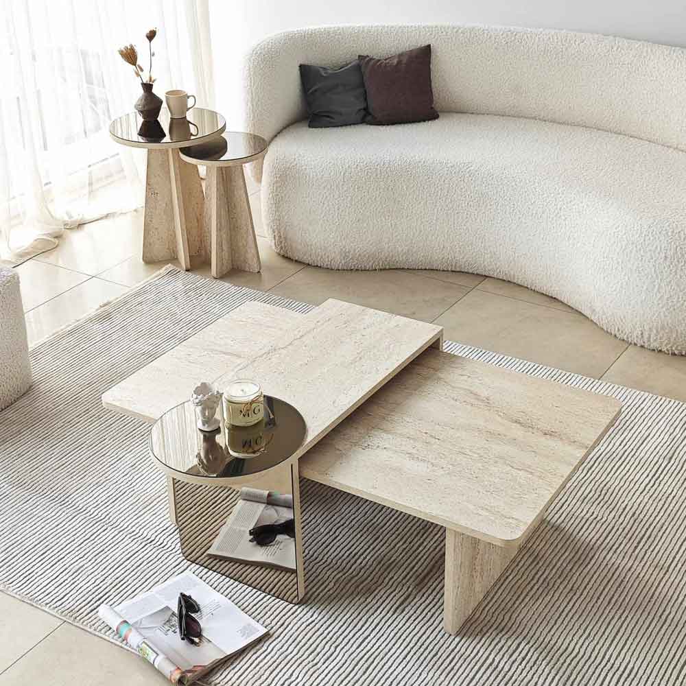 Luna Wooden Nest of 4 Tables Set in Travertine Marble Effect