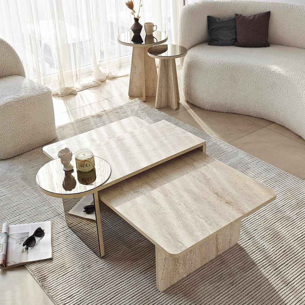 Luna Wooden Nest of 4 Tables Set in Travertine Marble Effect