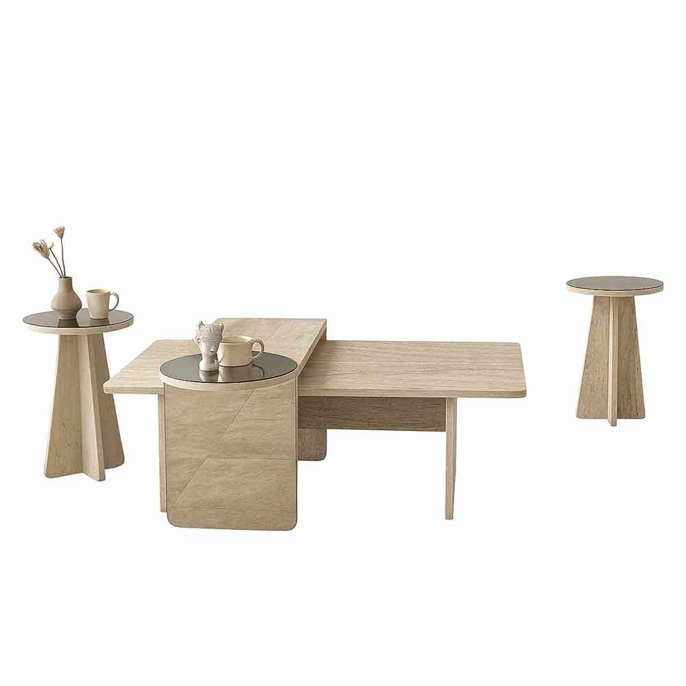 Luna Wooden Nest of 4 Tables Set in Travertine Marble Effect