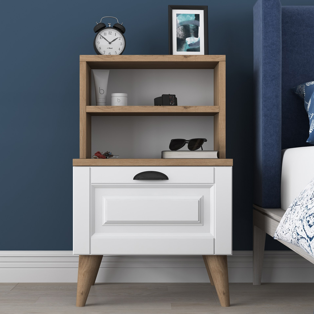 Lundero Wooden Bedside Cabinet With 2 Shelves In White And Oak
