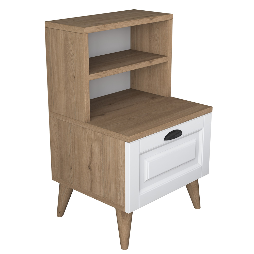 Lundero Wooden Bedside Cabinet With 2 Shelves In White And Oak