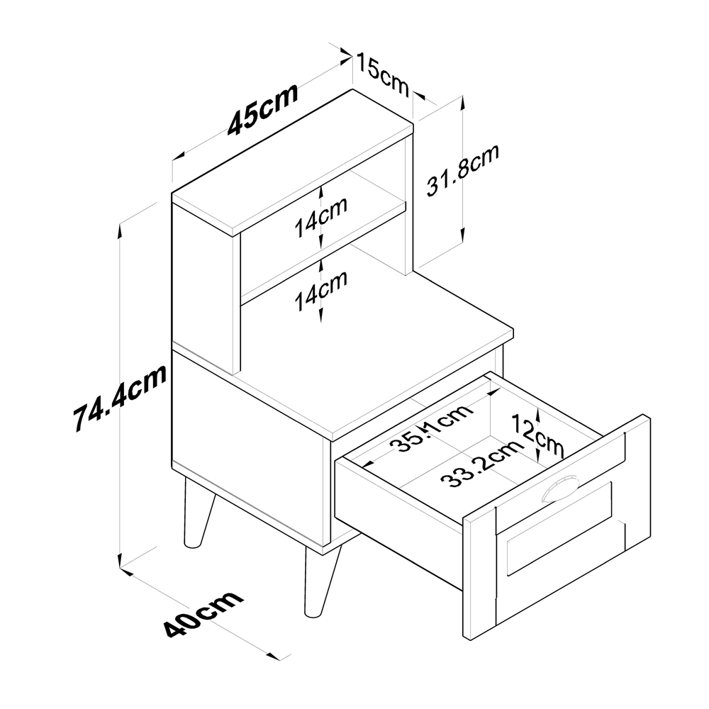 Lundero Wooden Bedside Cabinet With 2 Shelves In White And Oak