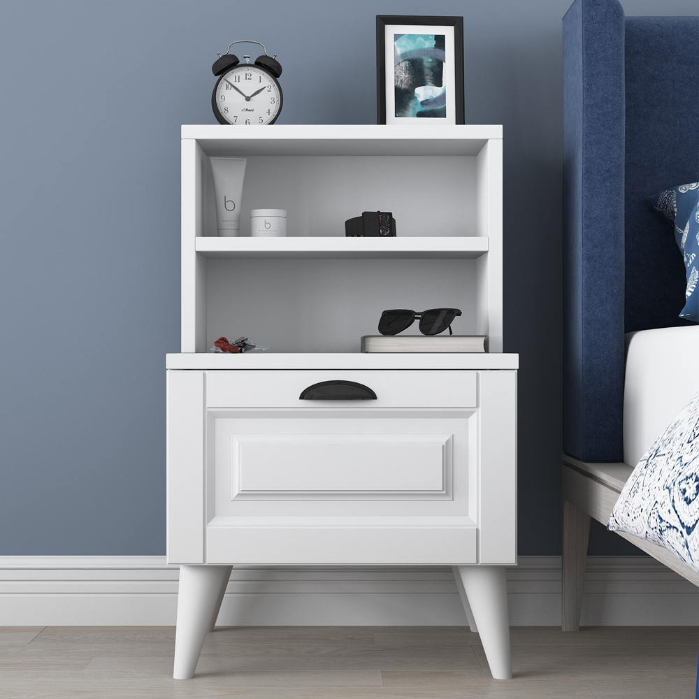 Lundero Wooden Bedside Cabinet With 2 Shelves In White