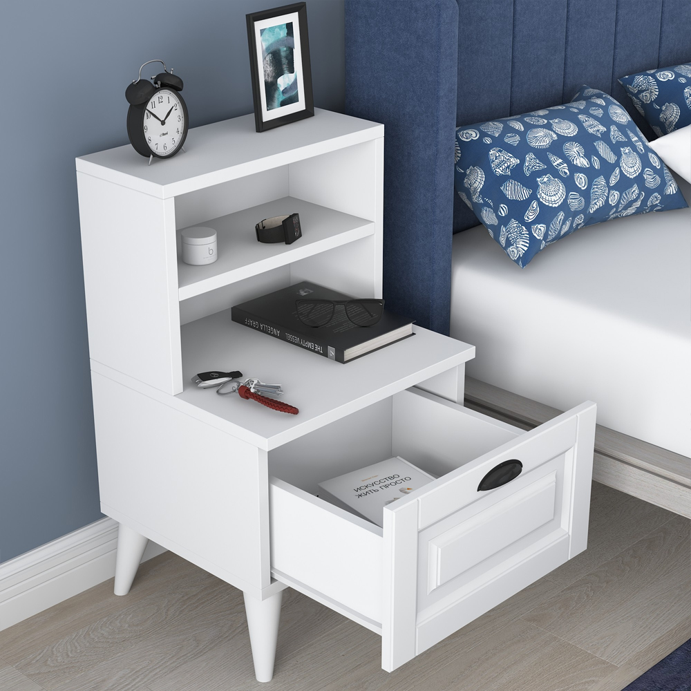 Lundero Wooden Bedside Cabinet With 2 Shelves In White