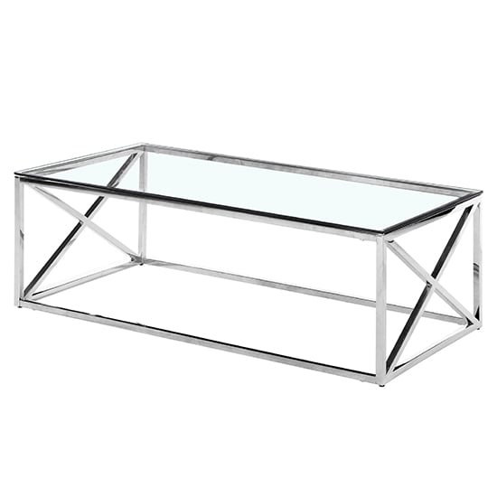 Product photograph of Luss Clear Glass Coffee Table With Silver Stainless Steel Frame from Furniture in Fashion