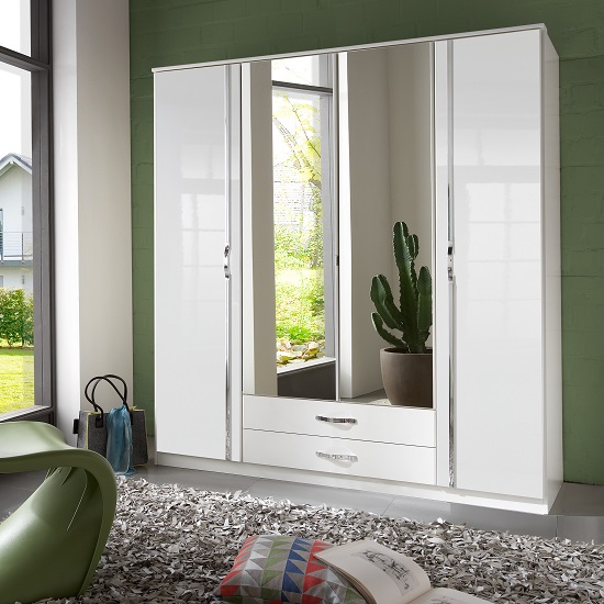 Luton Mirror Wardrobe In High Gloss White With 4 Doors_1