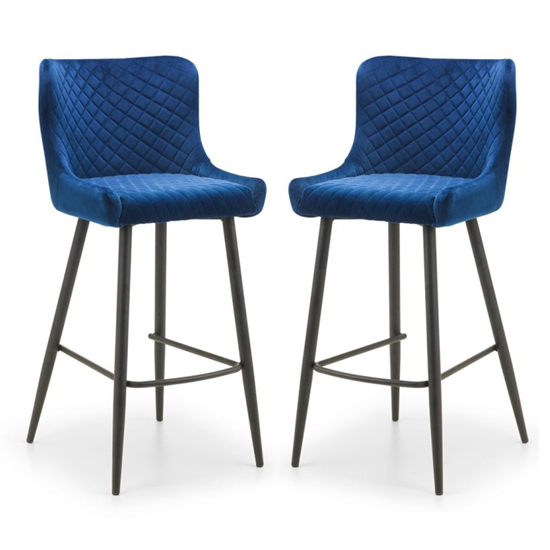 Read more about Luxe blue velvet upholstered bar stool with black legs in pair
