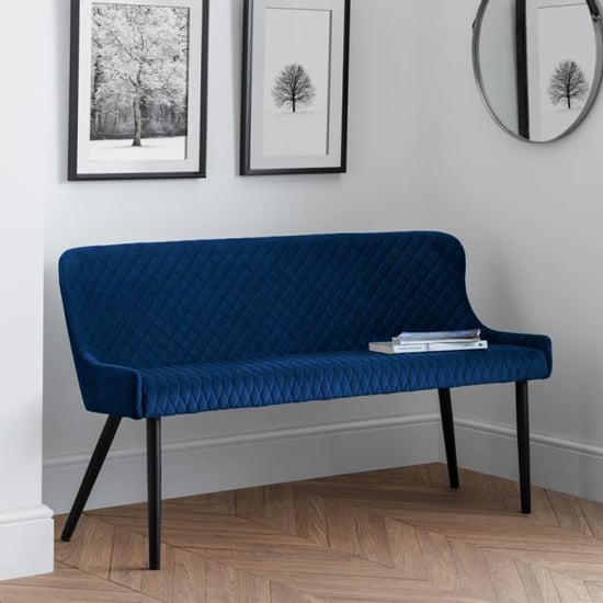 Photo of Lakia high back velvet upholstered dining bench in blue