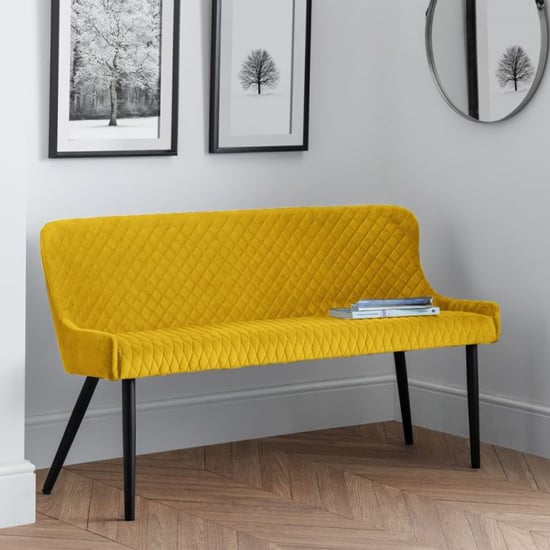 Product photograph of Lakia High Back Velvet Upholstered Dining Bench In Mustard from Furniture in Fashion