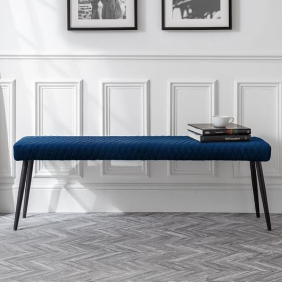 Lakia Low Velvet Upholstered Dining Bench In Blue