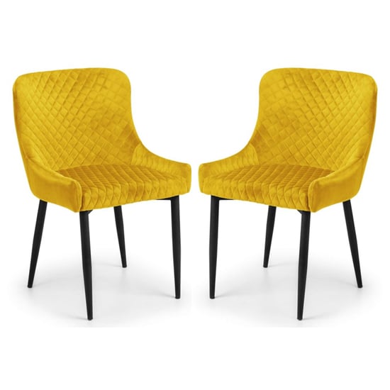 Product photograph of Lakia Mustard Velvet Dining Chairs With Black Legs In Pair from Furniture in Fashion