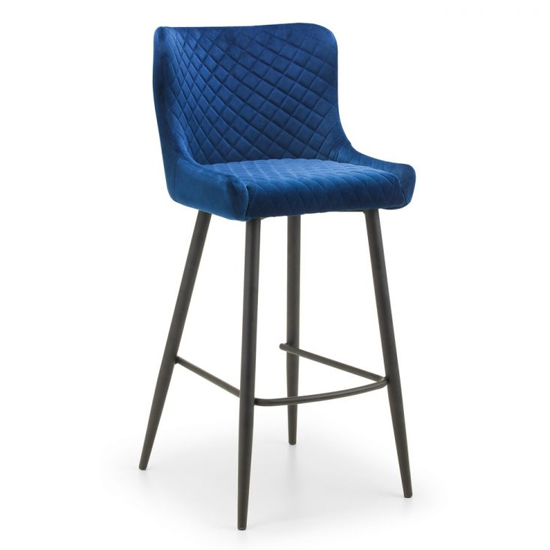 Read more about Luxe velvet upholstered bar stool in blue with black legs