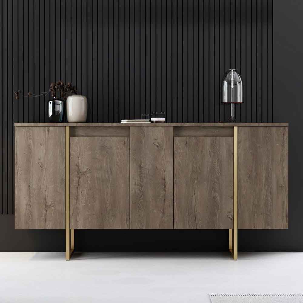 Luxe Wooden Sideboard with 4 Doors in Walnut and Gold