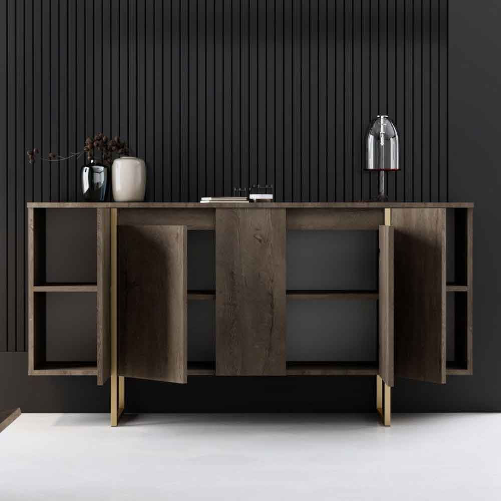 Luxe Wooden Sideboard with 4 Doors in Walnut and Gold