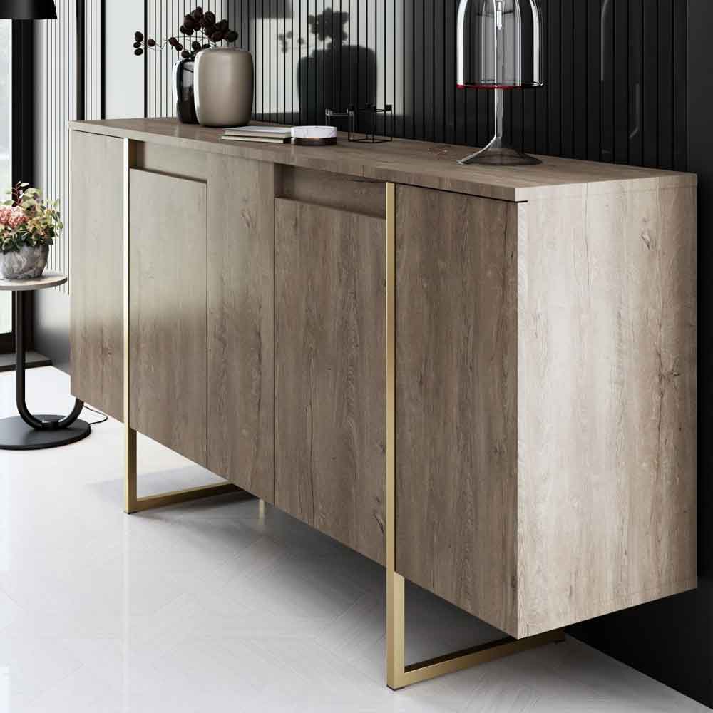 Luxe Wooden Sideboard with 4 Doors in Walnut and Gold