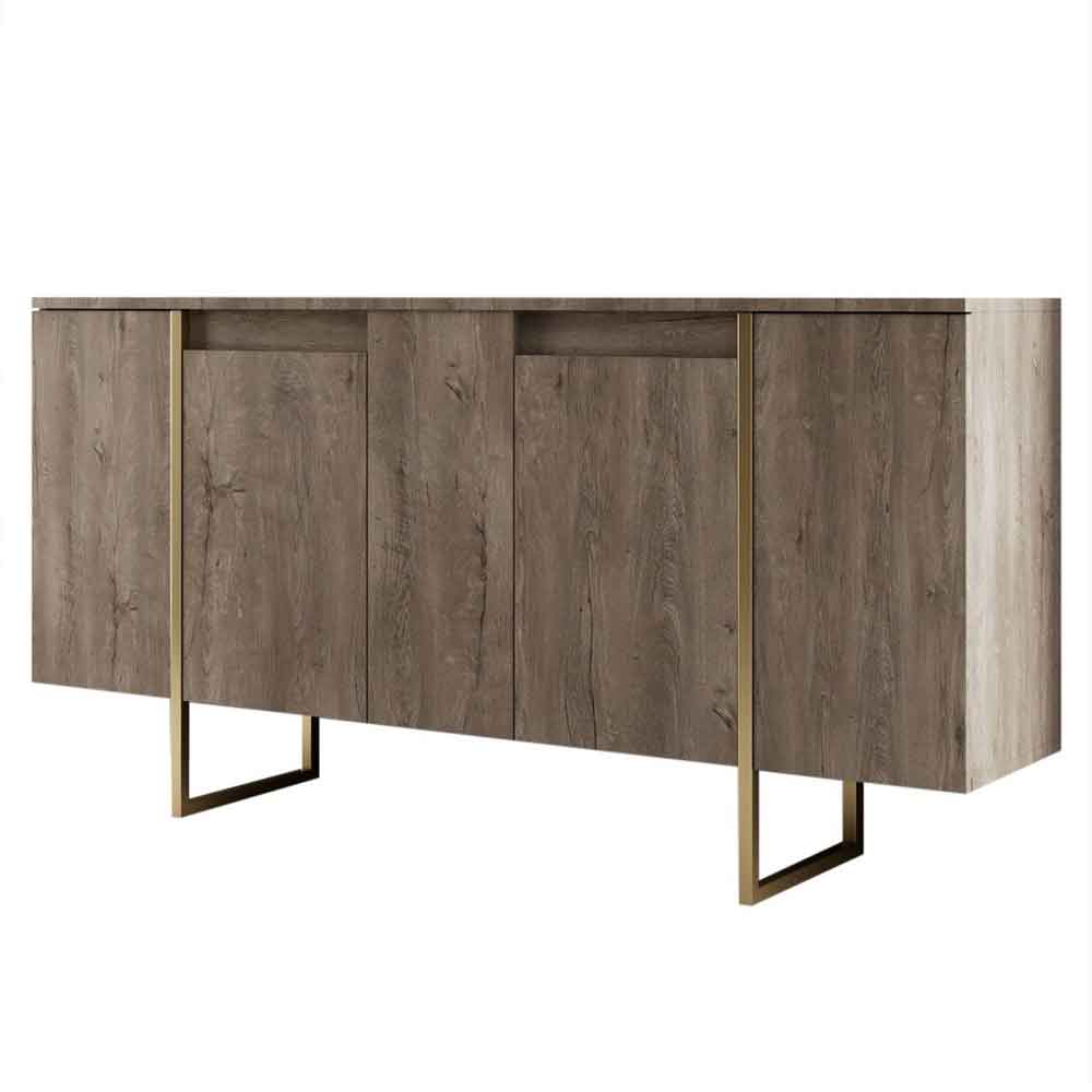 Luxe Wooden Sideboard with 4 Doors in Walnut and Gold