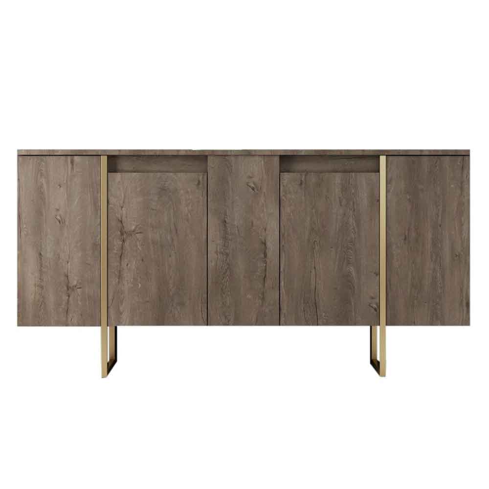 Luxe Wooden Sideboard with 4 Doors in Walnut and Gold