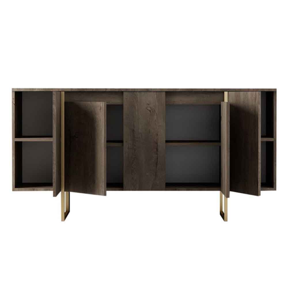 Luxe Wooden Sideboard with 4 Doors in Walnut and Gold