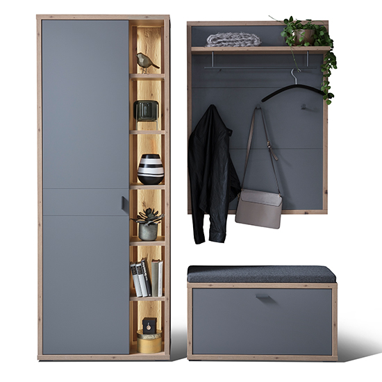 Lviv Wooden Hallway Furniture Set 3 In Oak And Grey With LED_2