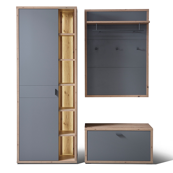 Lviv Wooden Hallway Furniture Set 3 In Oak And Grey With LED_3