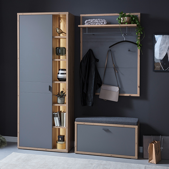 Lviv Wooden Hallway Furniture Set 3 In Oak And Grey With LED_5