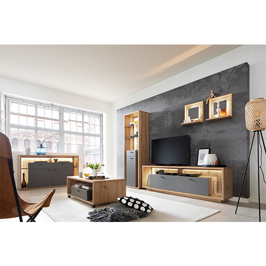 Lviv Wooden Sideboard In Grey With 2 Doors 2 Drawers With LED_4