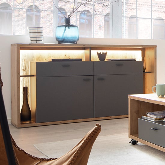 Lviv Wooden Sideboard In Grey With 2 Doors 2 Drawers With LED_1