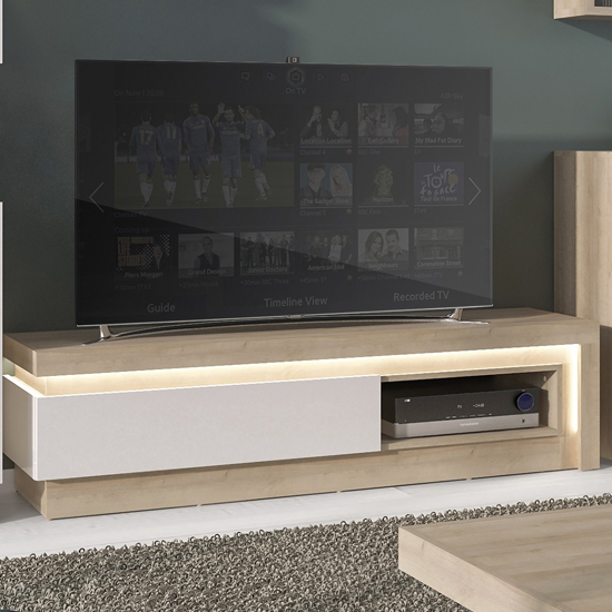 Read more about Lyco led wooden 1 drawer tv stand in riviera oak white gloss