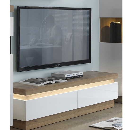 Read more about Lyco led wooden 2 drawers tv stand in riviera oak white gloss