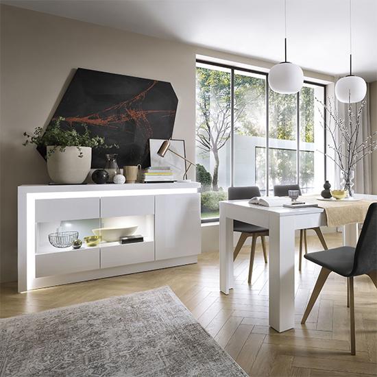 Lyco High Gloss Sideboard With 3 Doors In White With LED