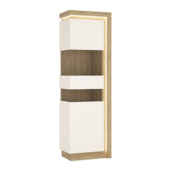 Lyco High Gloss Tall Display Cabinet Left In Oak White And LED