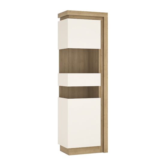 Lyco LED Left Handed Tall Display Cabinet In Oak White Gloss
