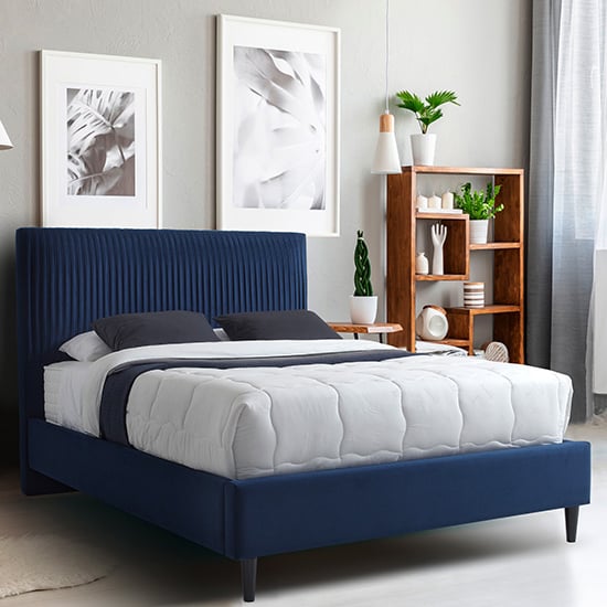 Lyla Velvet Upholstered Double Bed In Blue