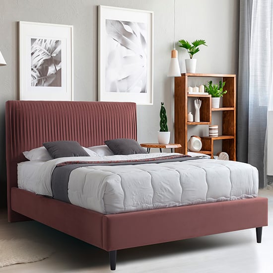 Photo of Lyla velvet upholstered double bed in blush