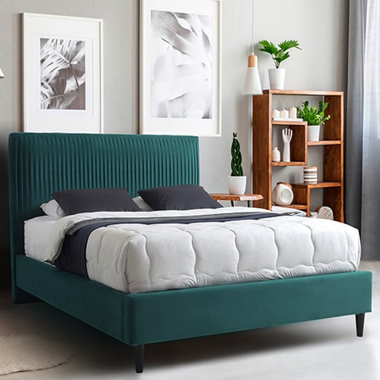 Photo of Lyla velvet upholstered king size bed in green