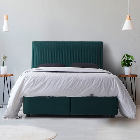 Photo of Lyla velvet upholstered storage double bed in green