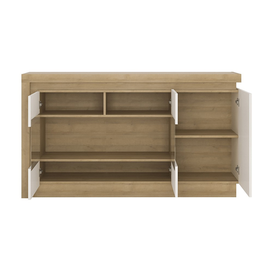 Lyco LED 3 Door Glazed Sideboard In Riviera Oak And White Gloss
