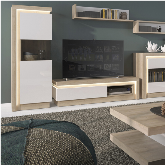 Lyco LED 3 Door Glazed Sideboard In Riviera Oak And White Gloss