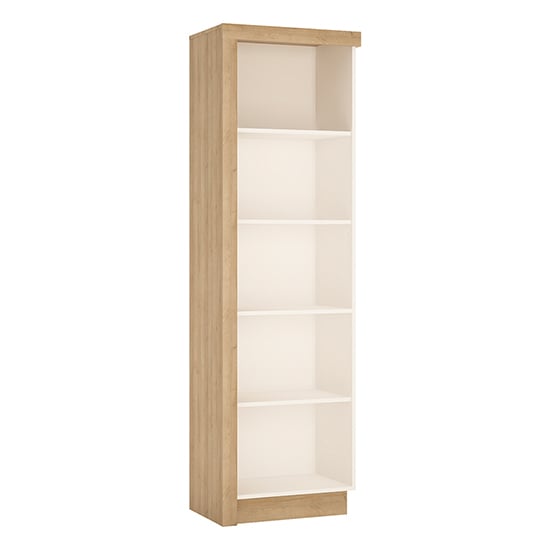 Read more about Lyco right handed bookcase in riviera oak and white high gloss