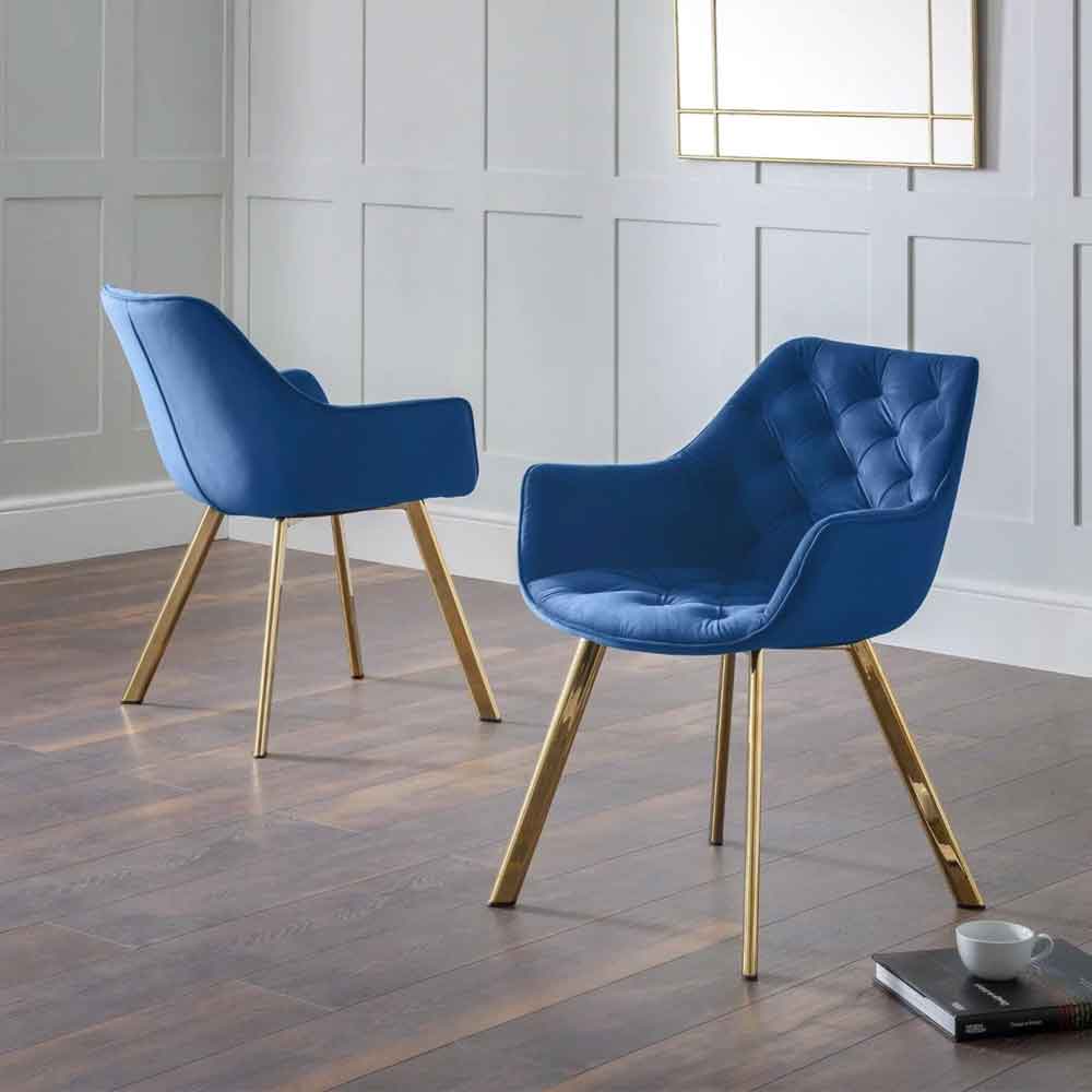 lynaro blue velvet dining chairs with golden legs in pair-image-132448