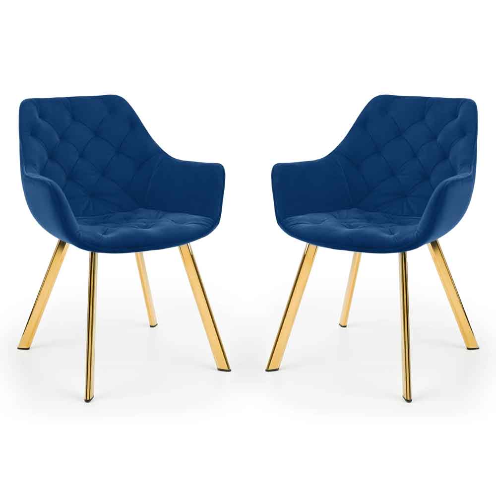 Lynaro Blue Velvet Dining Chairs with Golden Legs in Pair