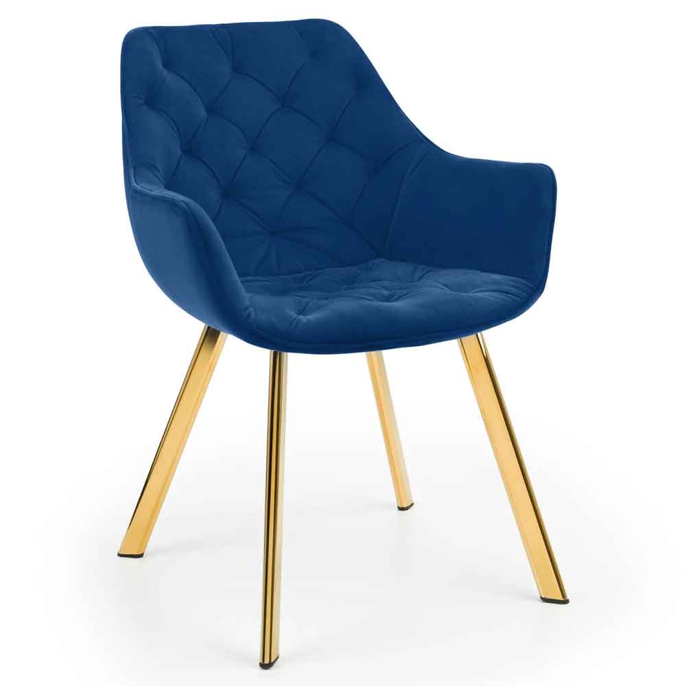 Lynaro Blue Velvet Dining Chairs with Golden Legs in Pair
