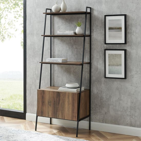 Read more about Lynn industrial modern ladder bookcase with cabinet in barnwood