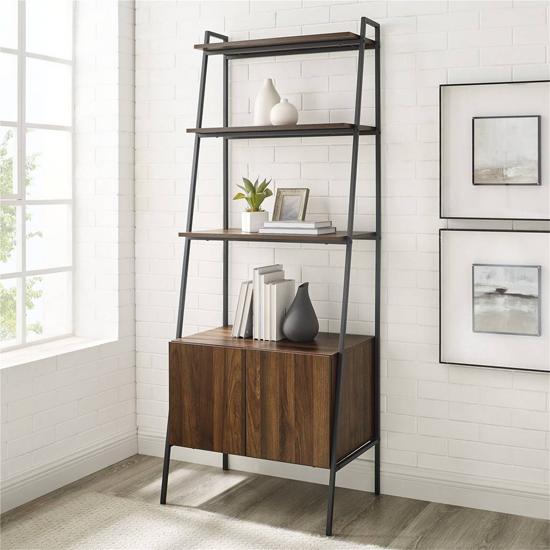 Lynn Industrial Modern Ladder Bookcase With Cabinet In Walnut_Discontinued